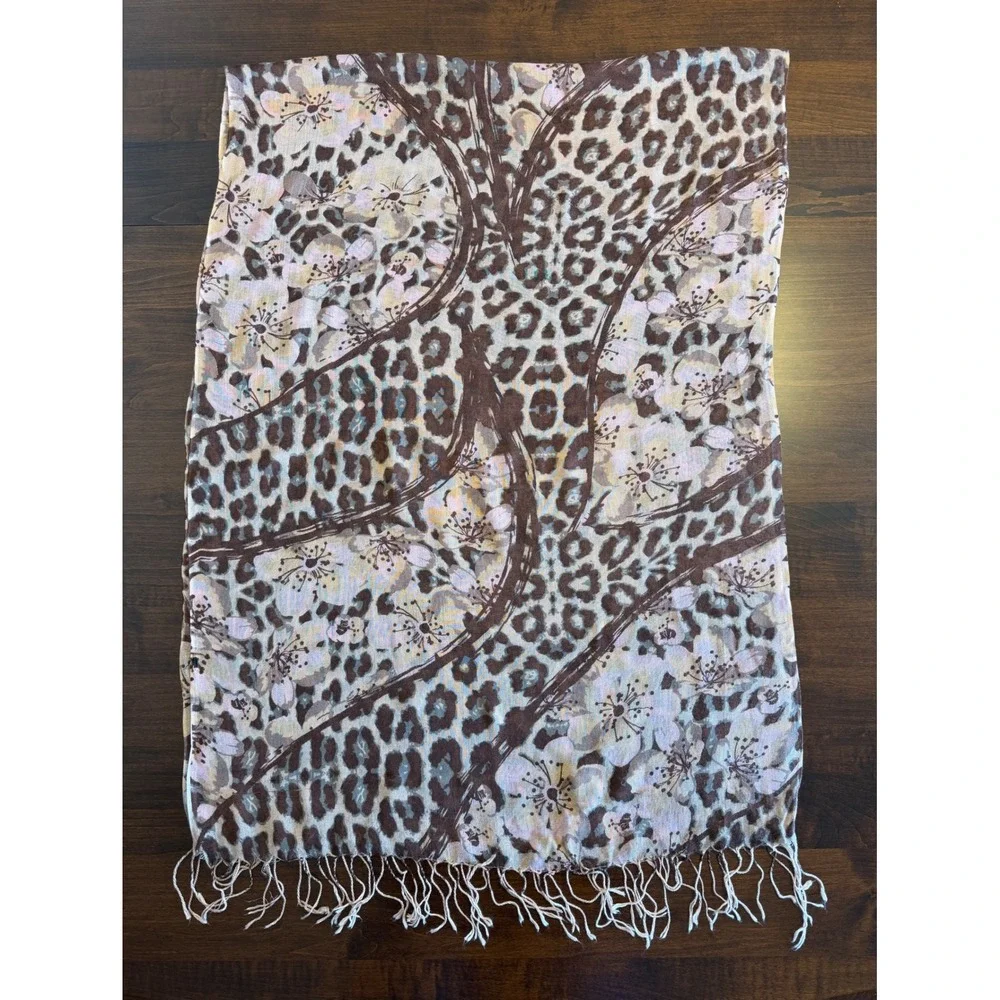 Leopard Floral Scarf Brown Pink Animal Print Fringe Wrap‎ Boho-Chic Maximalist